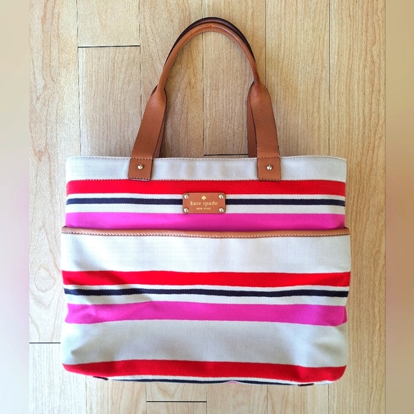 Kate Spade New York Oak Island Stripe tote bag 17 x 11 BEAUTIFUL PINK BAG - Picture 1 of 16